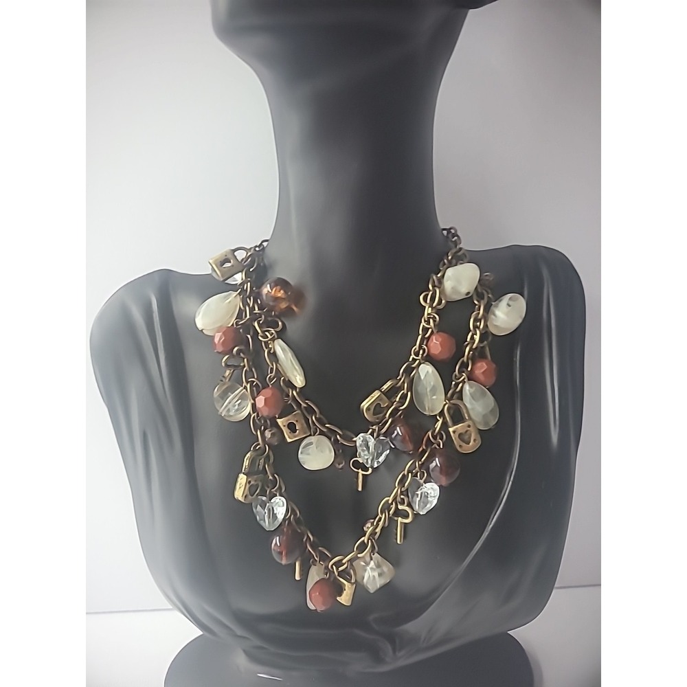 Vintage Necklace‎ Double Strand Padlock Keys Charms Stones Red White Jewelry
